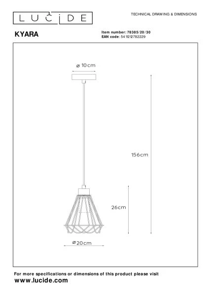 Lucide KYARA - Pendant light - Ø 20 cm - 1xE27 - Black - technical